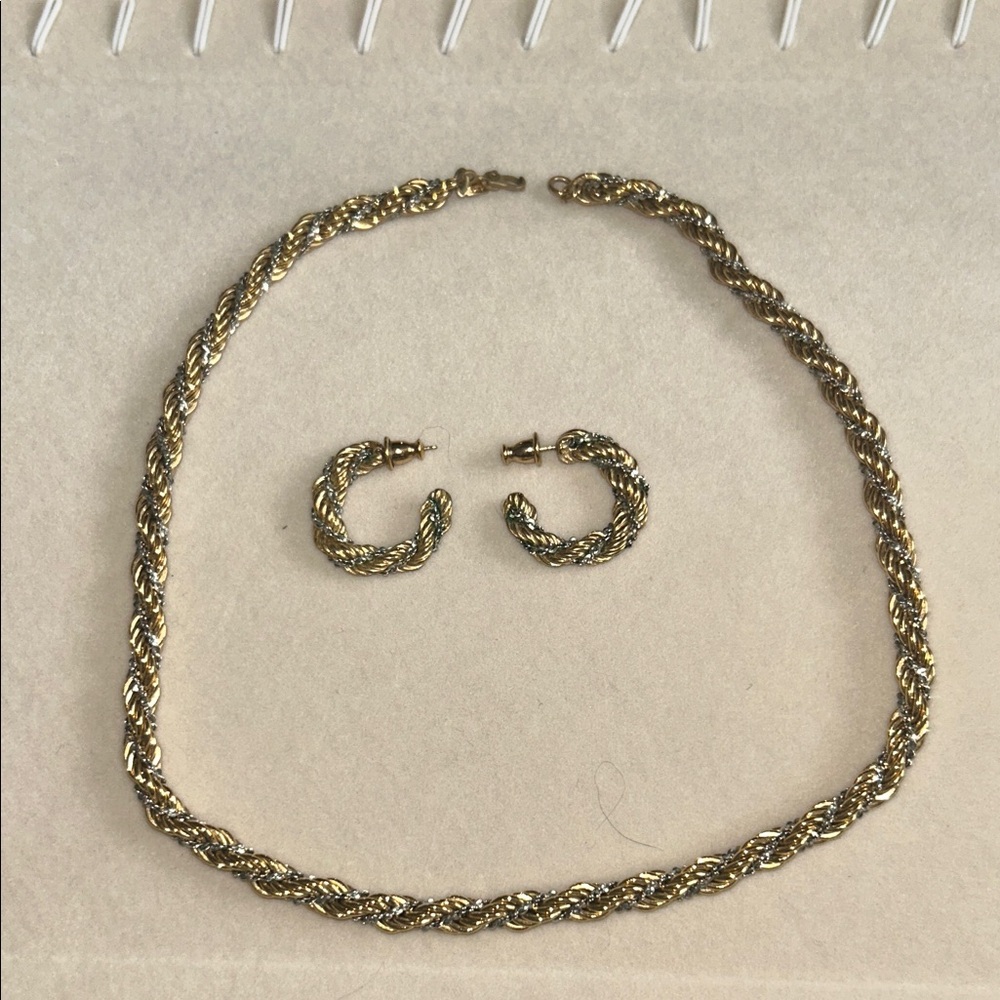 Elegant Gold and Silver Braided Rope Jewelry Set Necklace and hoop earrings